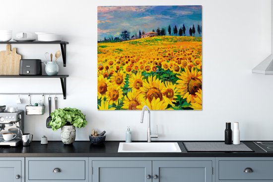 Peinture sur toile - Tournesol - Fleurs - Peinture à l'huile - Nature - Peintures sur toile - 90x90 cm - Toile nature - Décoration murale