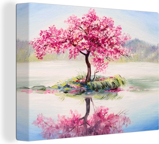Canvas - Bloesemboom - Sakura - Olieverf - Water - Natuur - 40x30 cm - Schilderijen op canvas - Canvas doek - Muurdecoratie