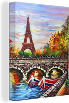 Canvas - Schilderij - Parijs - Water - Eiffeltoren - Stad - Olieverf - 90x120 cm - Muurdecoratie - Interieur