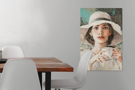 Tableau Tableau - Femme - Peinture à l'Huile - Chapeau - Café - 60x90 cm - Décoration murale