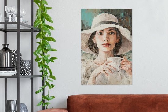 Tableau Tableau - Femme - Peinture à l'Huile - Chapeau - Café - 60x90 cm - Décoration murale