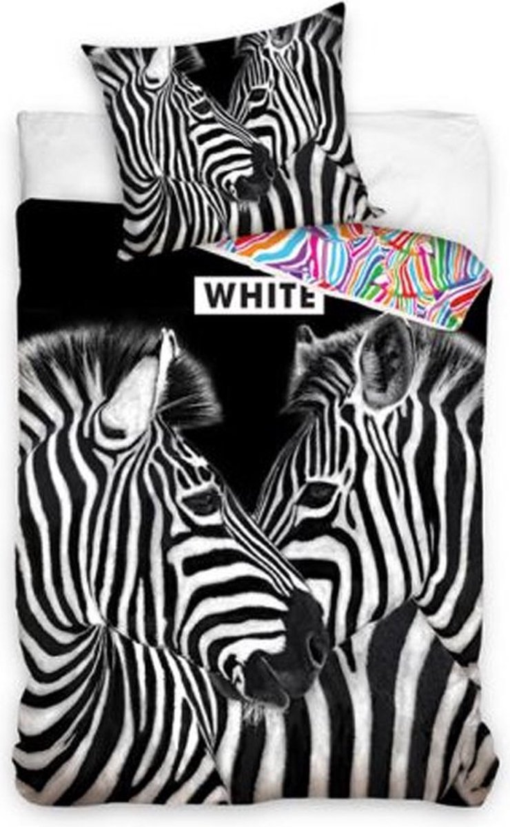 1-persoons dekbedovertrek (dekbed hoes) zwart / wit met wilde zebra’s (zebra print strepen natuur / kunst multicolor) dier KATOEN eenpersoons 140 x 200 cm (verjaardagscadeau voor kinderen en tieners!)