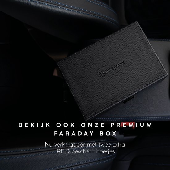 Zwarte, lederen Faraday-box met Inside Safe logo in een auto.
