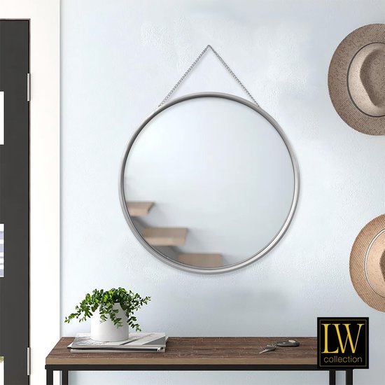 LW Collection wandspiegel met touw zilver rond 50x50 cm metaal - grote spiegel muur - industrieel - woonkamer gang - badkamerspiegel