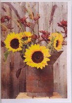Een blanco kaart met zonnebloemen in een kruik. Een leuke kaart om zo te geven of om bij een cadeau te voegen. Een dubbele wenskaart inclusief envelop en in folie verpakt.