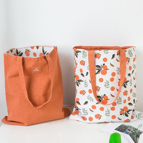 Wiwi Home Life - Boodschappentas - Shopping Bag - Shopper - Linnen - Canvas - Katoen Tas - dubbelzijdig - Tote - Draagtas - Schoudertas - Handtas - Cadeau - Milieuvriendelijk - Oranje - Sinaasappel - Orange