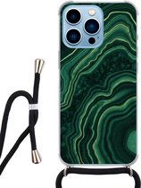 Hoesje met koord - Geschikt voor iPhone 13 Pro Max - Marmer groen agate - Verstelbaar zwart koord - Transparant, Groen - Marmer - Leuke Telefoonhoesjes