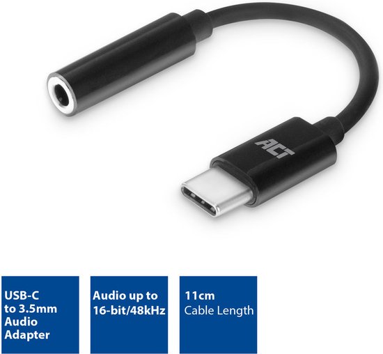 Adaptateur audio noir USB-C vers 3.5mm, câble 11cm, Hi-Res Audio.