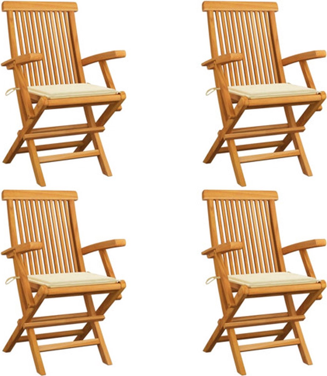 vidaXL - Tuinstoelen - 4 - st - met - crèmekleurige - kussens - massief - teakhout
