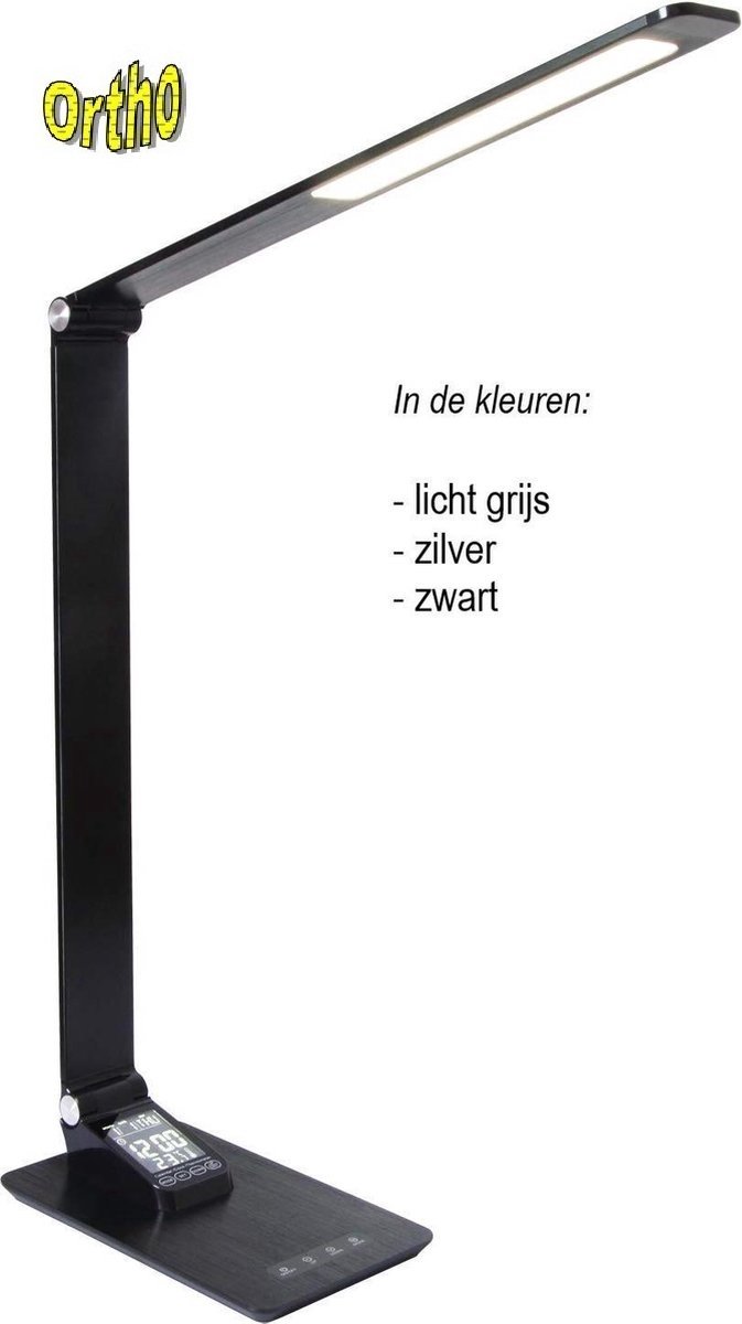 Ortho® - Luxe Bureaulamp Zwart - NIEUW - LED - Warm Wit en Daglicht - Dimbaar - met USB oplaadpoort - incl. Klok - incl. Kalender -Incl. Alarm - Max 12W – 2700K/6500K - Zwart