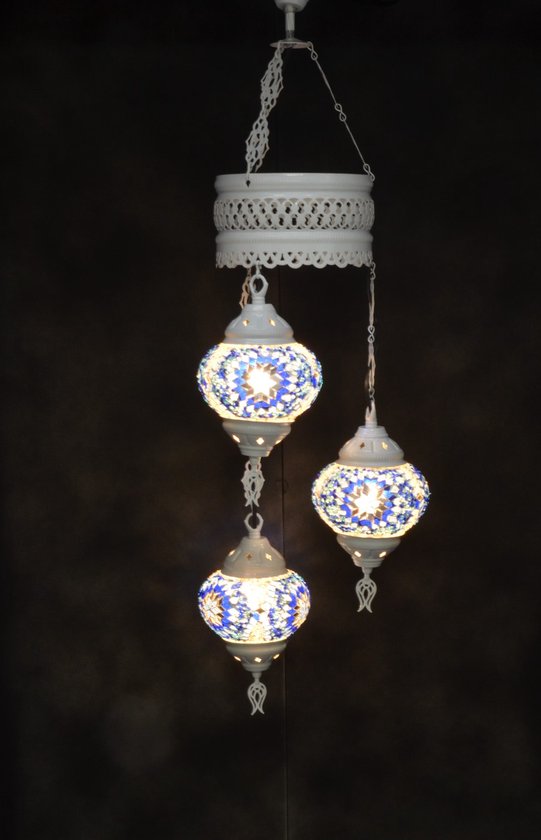 Lampe orientale 3 lustres en mosaïque de sphères bleues multicolores en verre