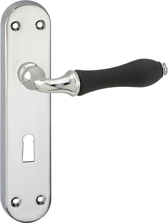 Deurkruk met zwart handvat op een chromen ovaal schild met sleutelgat.