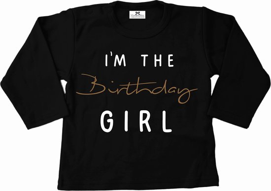 Shirt verjaardag meisje-I'm the birthday girl-zwart-wit-mocca-Maat 104