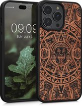 kwmobile telefoonhoesje geschikt voorApple iPhone 14 Pro Max - Hoesje met bumper - kersenhout - In lichtbruin / zwart Maya Kalender design
