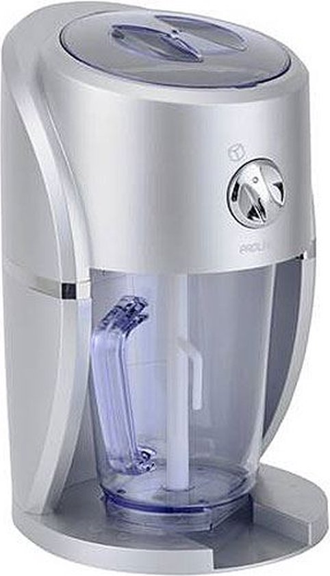 Zilveren Proline ijscrusher met doorzichtige kan en blauw accent.