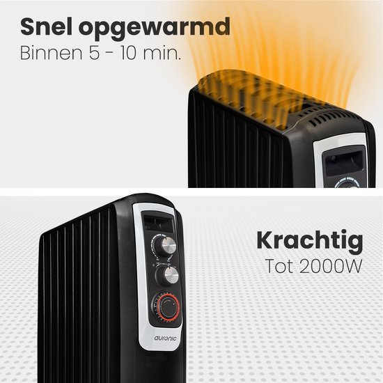 Radiateur Électrique Sans Huile Pro Breeze 2000W - Télécommande, Minuterie 24h, Thermostat, 3 Niveaux - Chauffage Silencieux Et Économique Noir