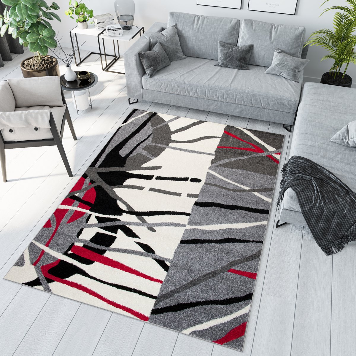 Tapiso Jawa Vloerkleed Grijs Rood Abstract Woonkamer Tapijt Maat- 140x190 Antraciet Grijs Rood