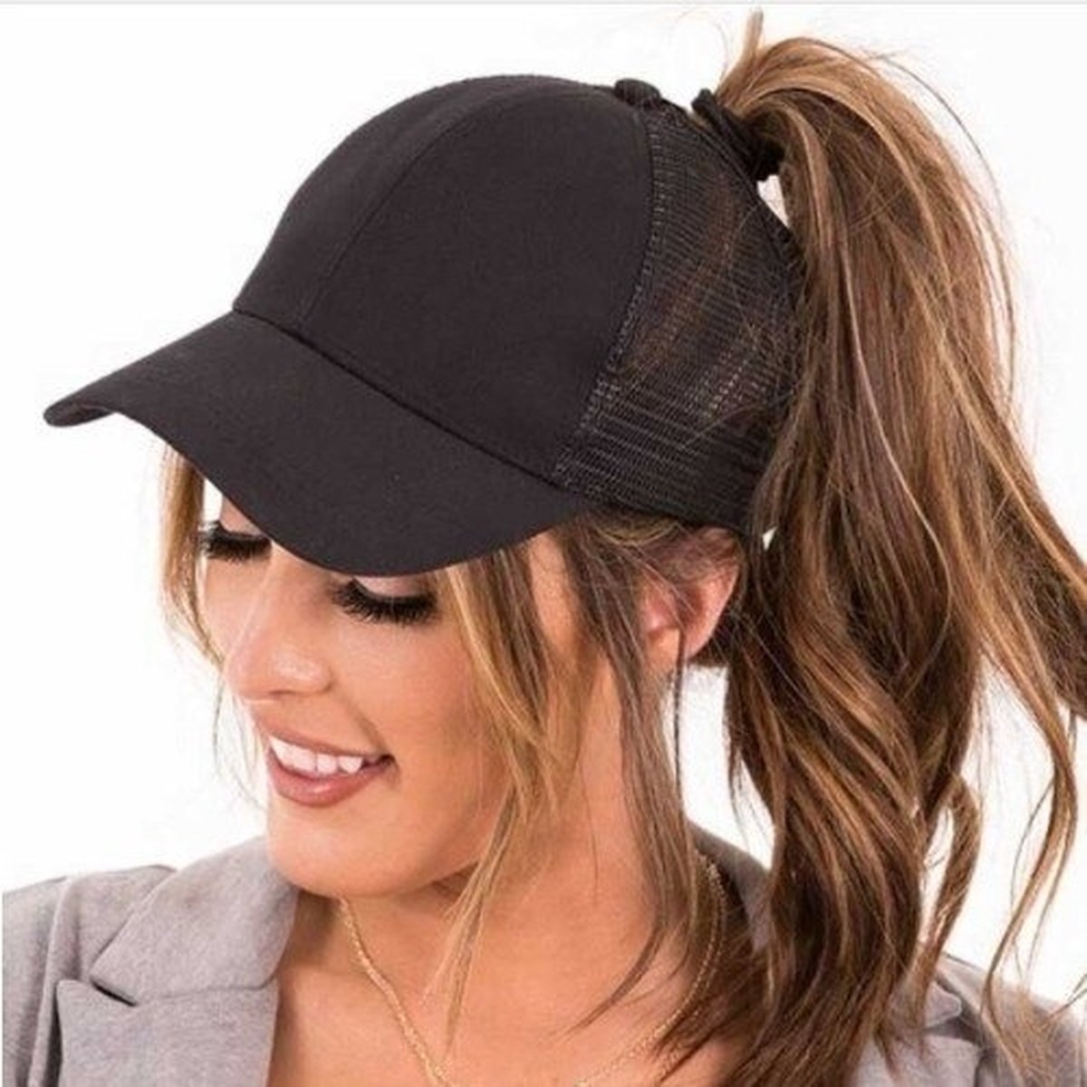 Pet voor paardenstaart voor dames, baseballpet, hoge uniseks verstelbare pet voor rommelig haar, klassieke effen gekleurde pet voor buiten met een gat voor een paardenstaart, roze, Eén Maat