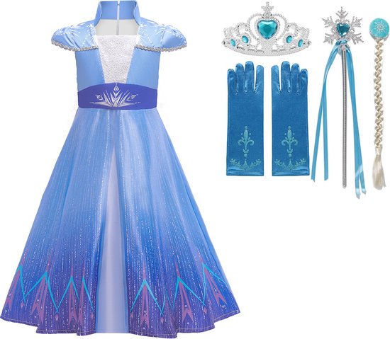 Robe princesse fille - La Reine des Neiges - Robe Elsa bleue Frozen + Kroon/ Baguette magique - Tresse Elsa - Gants - Déguisements - Déguisement enfant