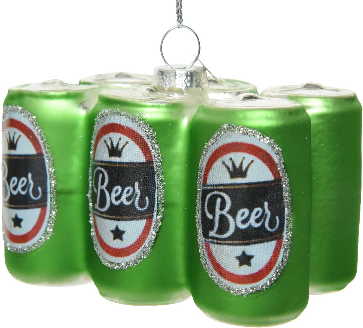 Decoris ornament glas sixpack bier blikjes groen glitter  L6.00-B9.00-H8.00cm