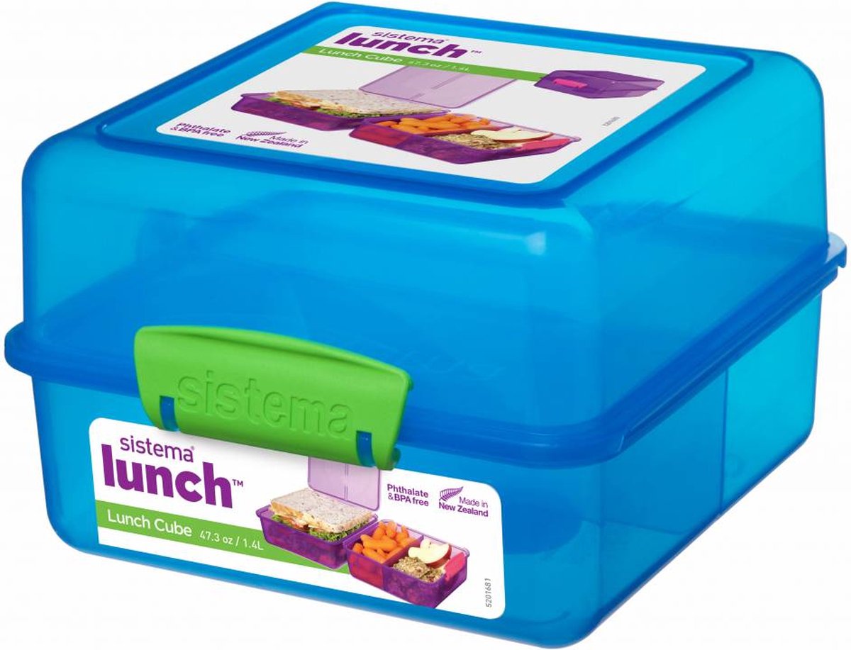 Lunchbox 'Cube' (1,4l) - Blauw met gekleurde clips