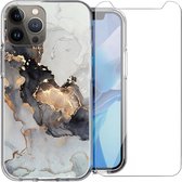 Hoesje geschikt voor iPhone 14 Pro - Siliconen Shock Proof Case Back Cover Hoes Marmer Goud + Screenprotector Gehard Glas Screen Protector