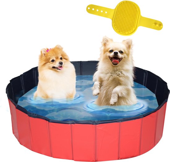 Lendo Online - Hondenzwembad Ø120x30cm - Bad voor honden - Hondenbad - Dierenzwembad - Opzetzwembad - inklapbaar - PVC - Rood / Blauw- Inclusief Hondenborstel Kam