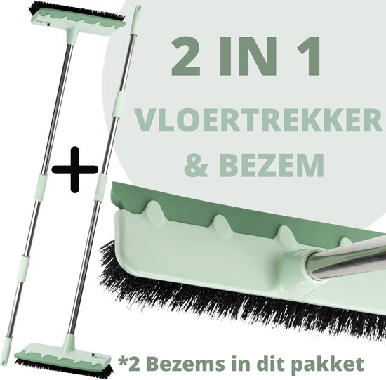 Powarkleen - Vloertrekker met steel & bezem 2 in 1 - Vloerwisser voor Badkamer vloer - (2 bezems in dit pakket)