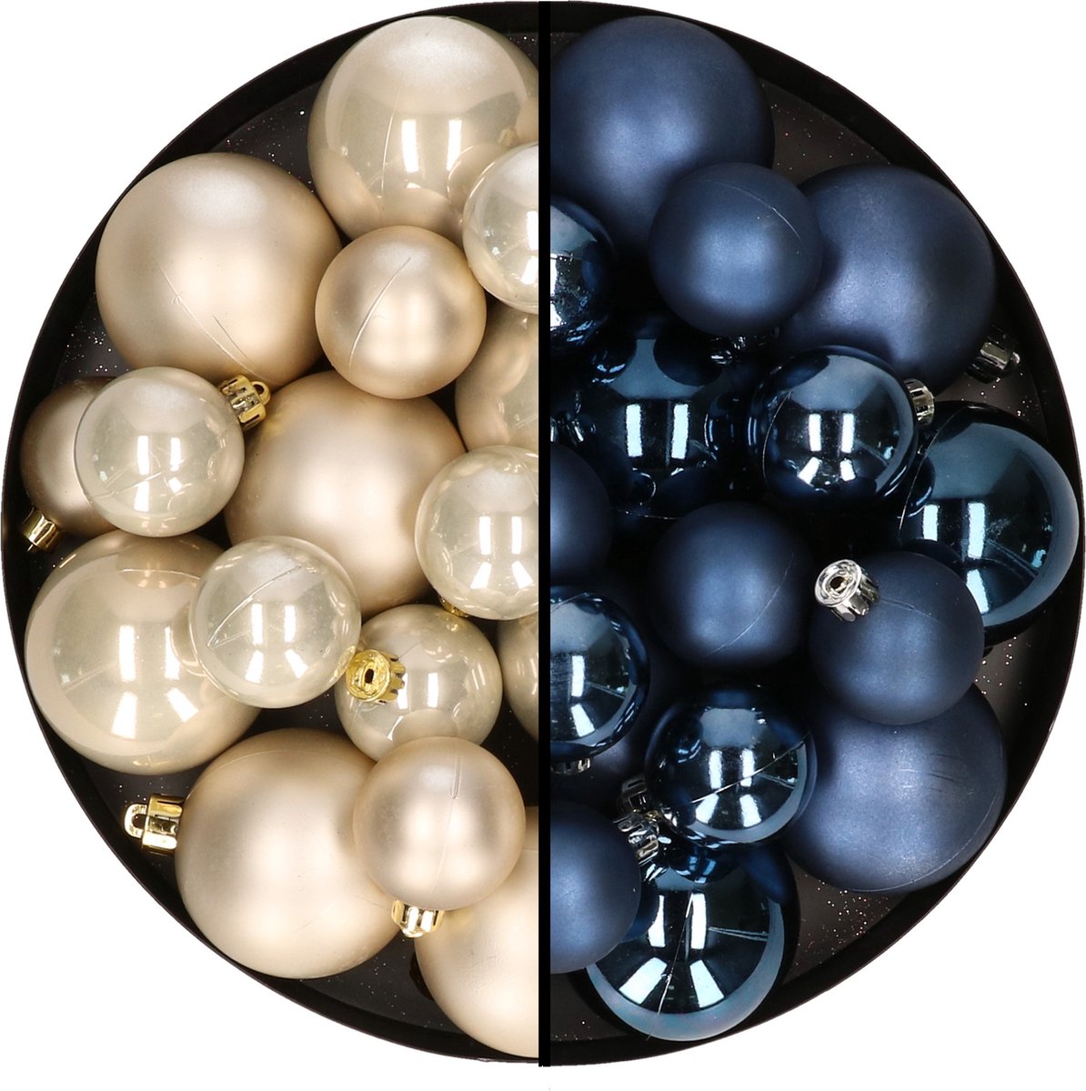 Decoris Kerstballen Mix kunststof - donkerblauw en champagne - 6-8-10 cm - 44 stuks - mat en glans - ophangdraadjes inbegrepen