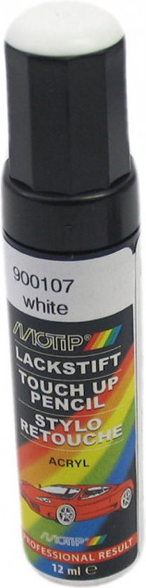 Witte lakstift van Motip, 12 ml, met rode sportwagenillustratie.