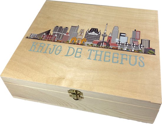 Houten theedoos kleur Skyline van Rotterdam en de tekst ”Krijg de Theefus"