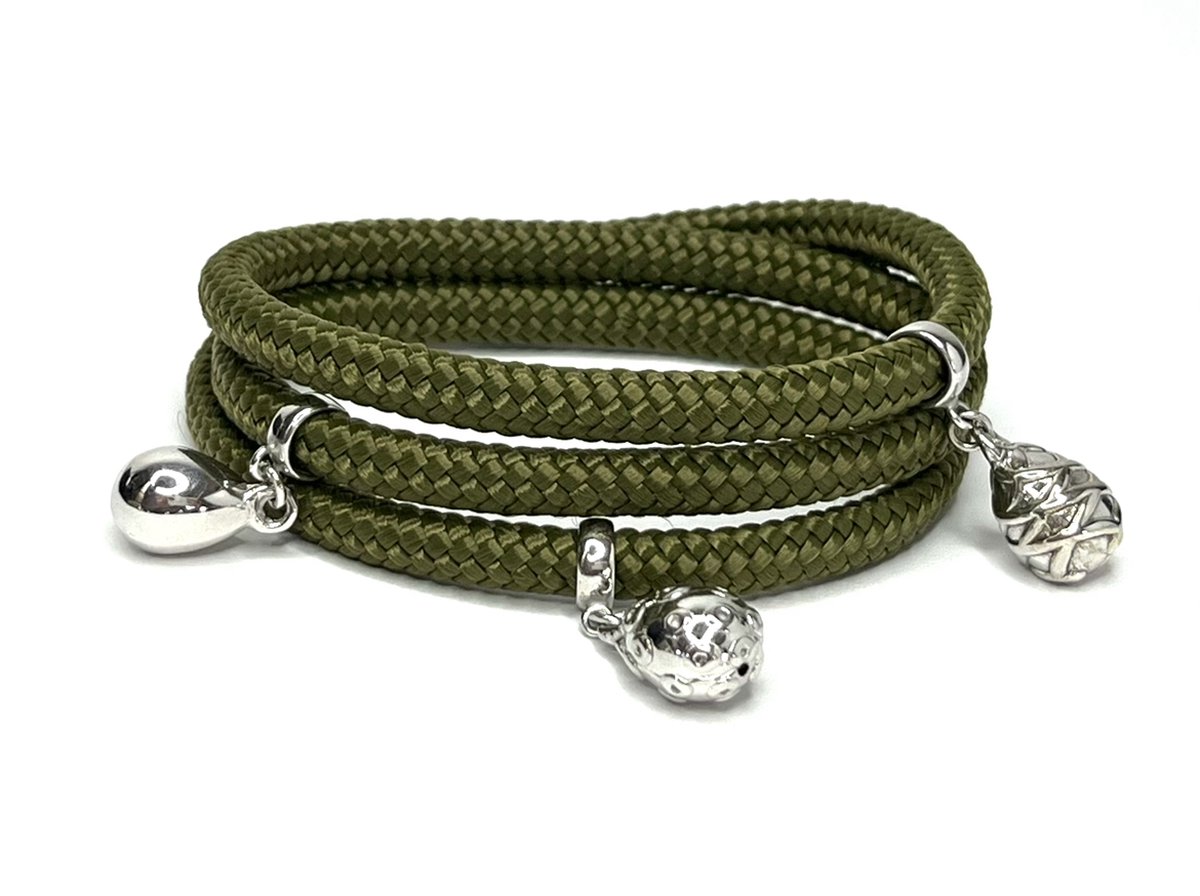 NIEUW - Jolla - dames wikkelarmband - zilver - touw - bedels - Charm Rope Wrap - Military