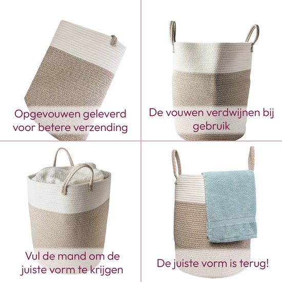 Vier afbeeldingen van mand: opgevouwen, rechtopstaand, gevuld met witte handdoeken, met blauwe handdoek.
