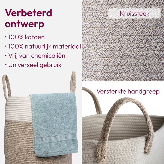 Details mand: 'Verbeterd ontwerp', '100% katoen', 'kruissteek', 'versterkte handgreep'.