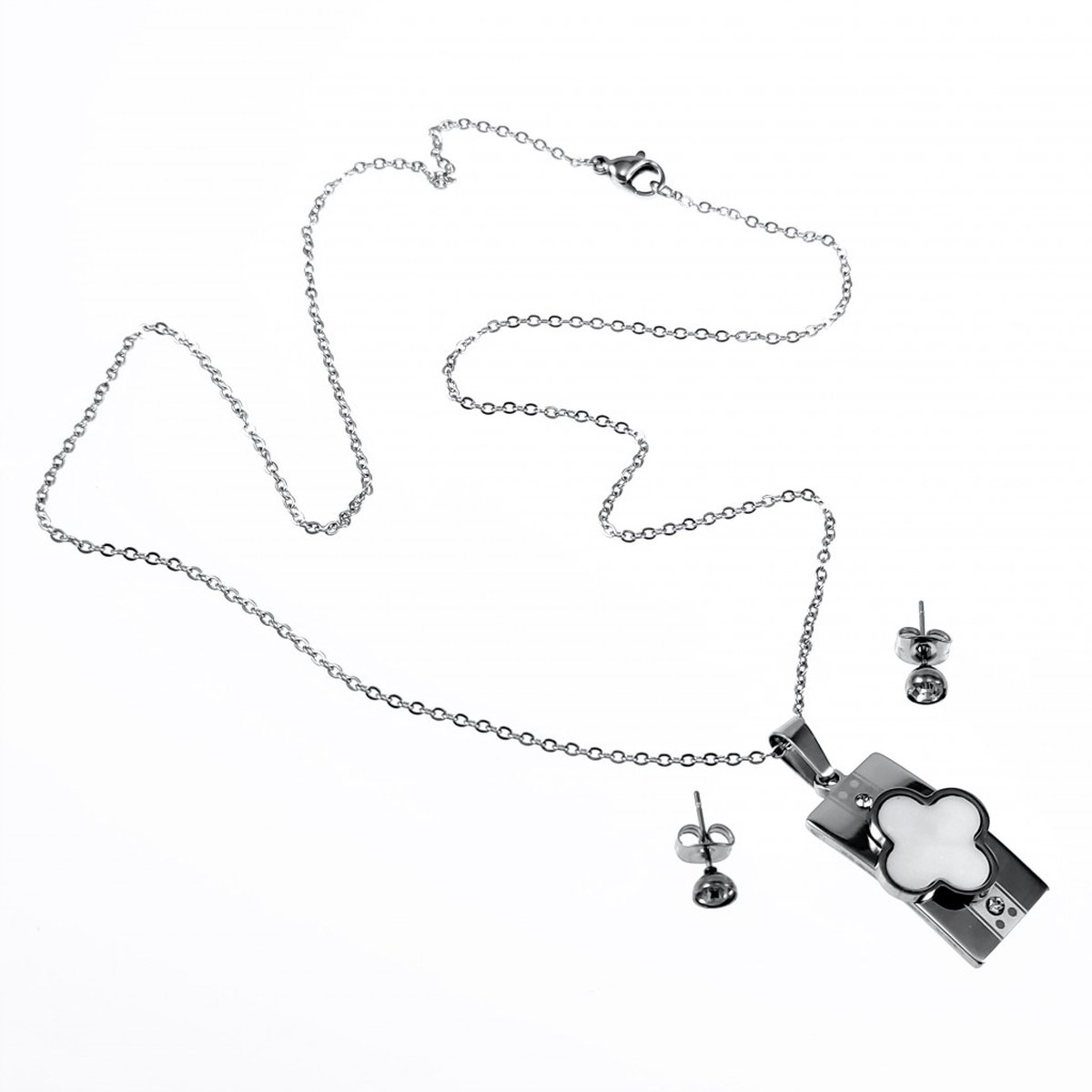 Sieraden Set - Halsketting met Hanger Dames - Stalen Zilverkleur - Klaverblad Ketting + Knopjes Oorbellen