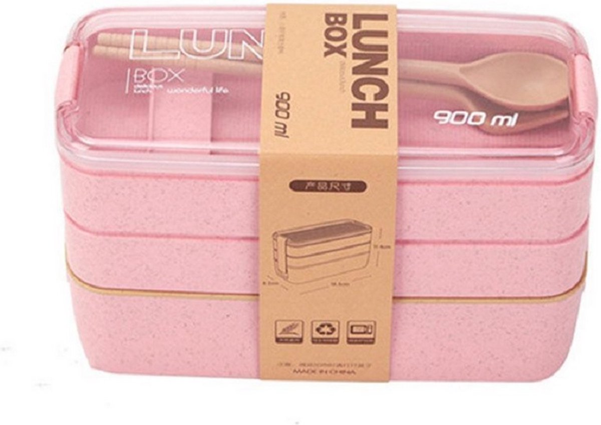LuxeBass 3-delig Bento Lunchbox Lunchtrommel met Bestek (roze) | Luchtdicht Lekvrij | Magnetron- en Vaatwasserbestendig - LB603