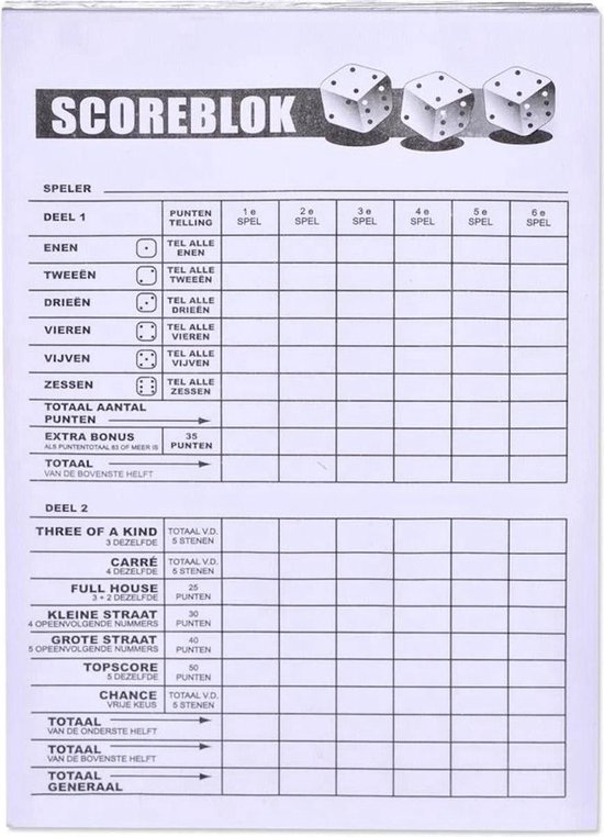Thumbnail van een extra afbeelding van het spel Yahtzee Scoreblok + 10x Witte Dobbelstenen - Spel voor op Reis - Scoreblock - Dobbelspellen - Spellen