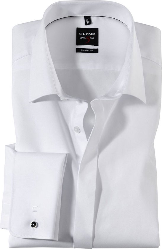 OLYMP Level 5 body fit overhemd - mouwlengte 7 - smoking overhemd - wit gladde stof met Kent kraag - Strijkvriendelijk - Boordmaat: 42