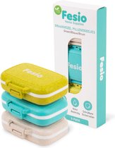 Fesio Pillendoosjes Set: 3 stuks - Gemaakt van Bio-Graanvezel - Waterbestendig - Zakformaat - 3 x 3 Vakjes - Groen/Blauw/Bruin