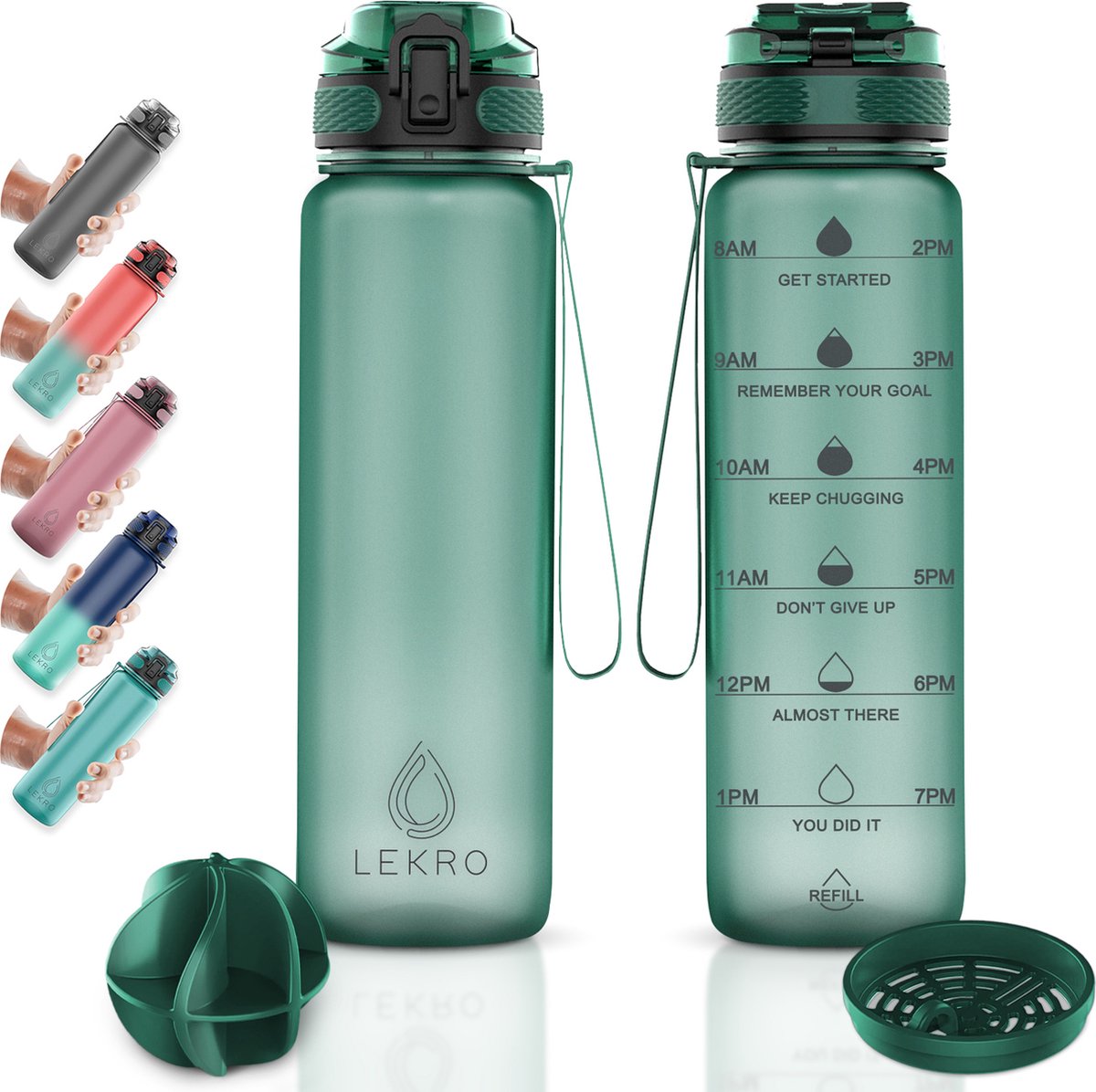 Lekro Waterfles met Tijdmarkeringen - Motivatie Drinkfles Met Fruitfilter en Shake Bal/Shaker - 1 Liter - Sportfles - BPA vrij - Groen