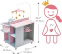 Grijs poppencommode met roze en blauwe vakken, witte stippen. Afmetingen: 97.79cm hoog, 57.65cm breed, 48.26cm diep. Afbeelding van een meisje.