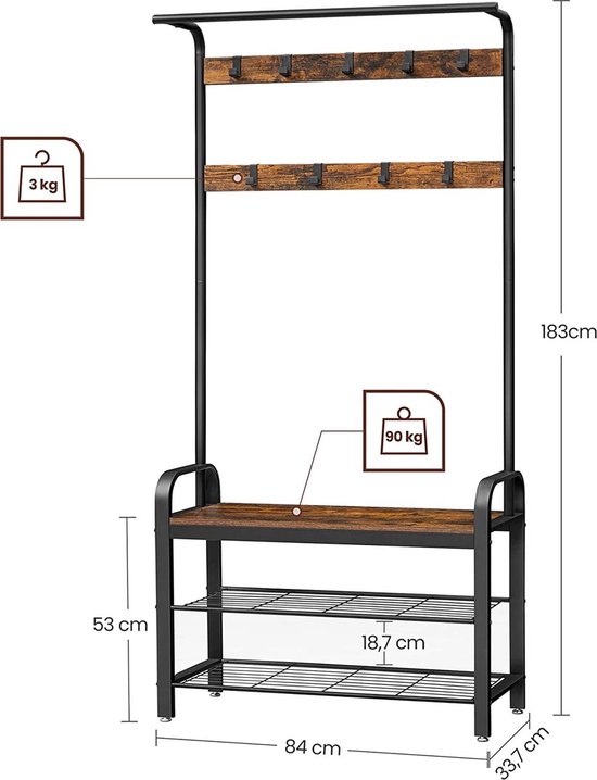 Afmetingen van een kapstok met schoenenrek: 183 cm hoog, 84 cm breed, 33,7 cm diep. Met draagvermogen.