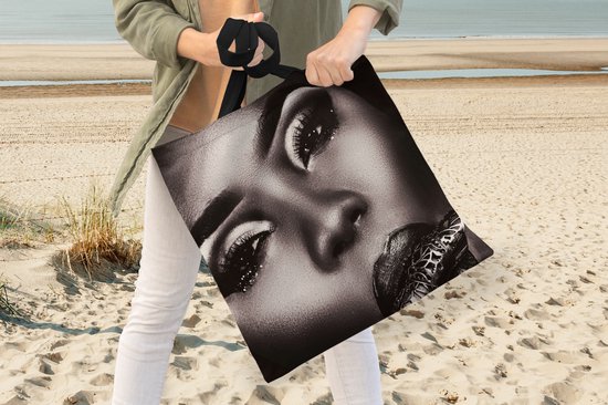 Sac Bandoulière - Sac De Plage - Shopper Femme - Wimpers - Zwart - Wit - 45x45 cm - Sac Coton