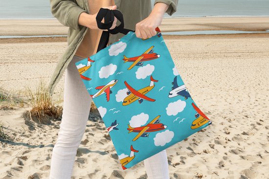 MuchoWow® Schoudertas - Strandtas - Big Shopper - Boodschappentas - Patronen - Vliegtuig - Wolk - Lucht - Jongen - Kindje - Kinderen - Kids - 40x50 cm - Katoenen tas