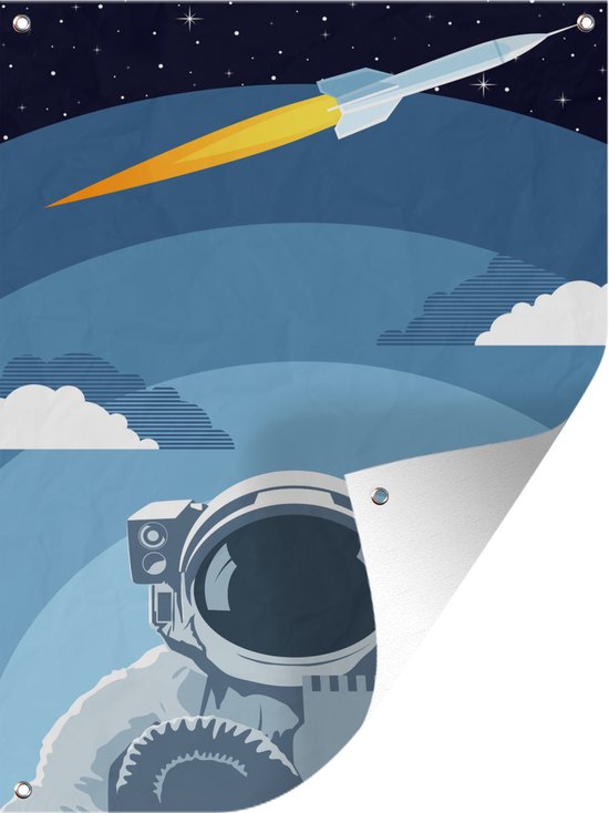 Tuinschilderij Astronaut - Raket - Wolken - 60x80 cm - Tuinposter - Tuindoek - Buitenposter