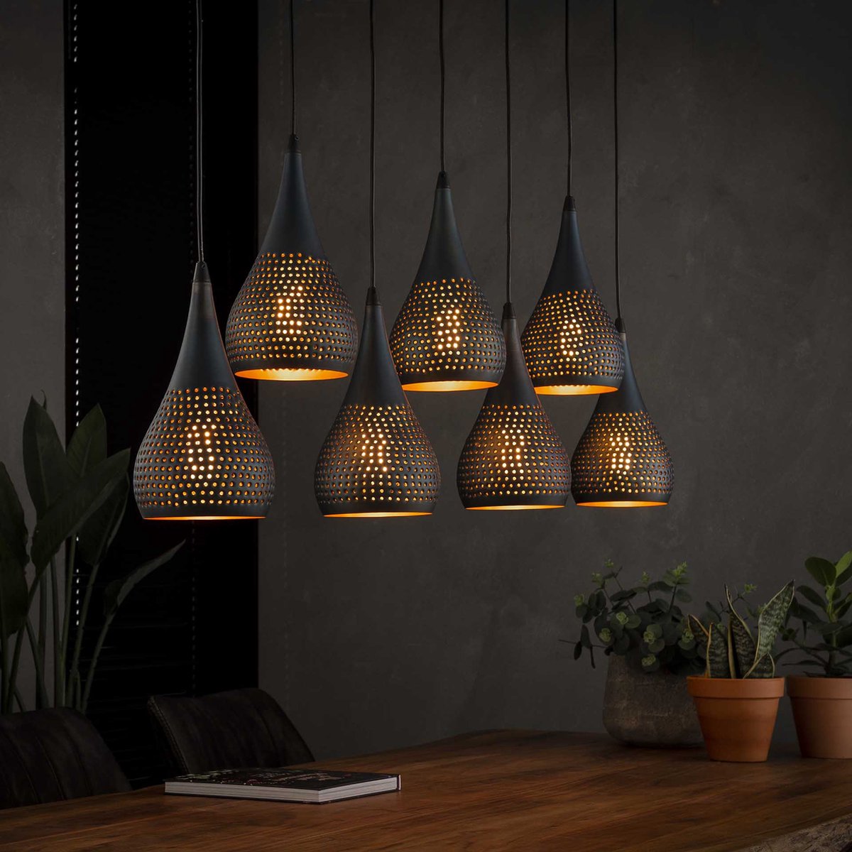 Hanglamp druppel Punch | 125 x 150 cm | 7 x ⌀15 lichts | bruin / zwart | eettafel lamp | eetkamer / woonkamer | landelijk / moden design