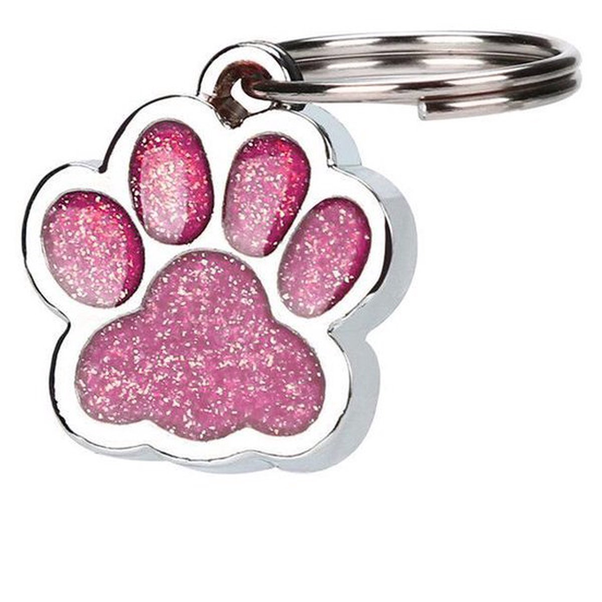 Hanger hondenpootje voor ketting hondenhalsband of sleutelhanger fucsia roze zilver met glitter 15x20 mm en ringetje