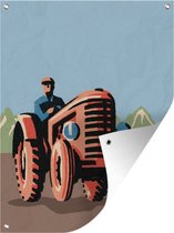 Une illustration d'un agriculteur sur un poster de jardin tracteur rouge 60x80 cm - Toile de jardin / Toile d'extérieur / Peintures d'extérieur (décoration de jardin)