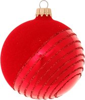 Prachtige Kerstballen Rood met Diagonale Glitterlijnen - set van 3 stuks - met de hand gedecoreerd