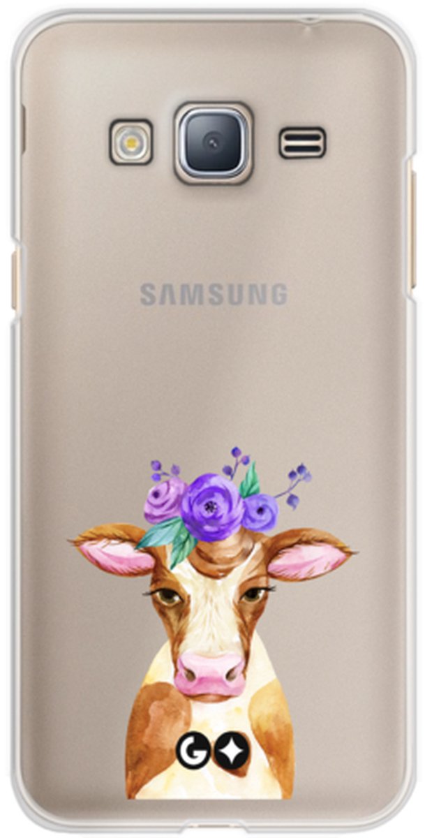Telefoonhoesje geschikt voor Samsung Galaxy J3 2016 - Transparant Siliconenhoesje - Flexibel en schokabsorberend - Dierencollectie - Floral Cows - Paars